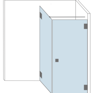 Tekening van glazen douchewand in een hoek met een vast paneel. Type Orange